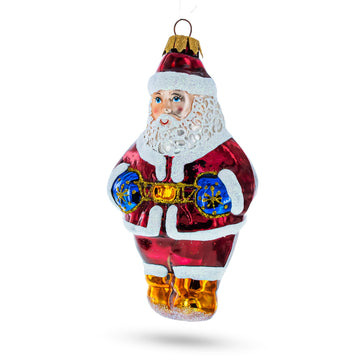 Santa with Blue Mittens Glass Christmas Ornament