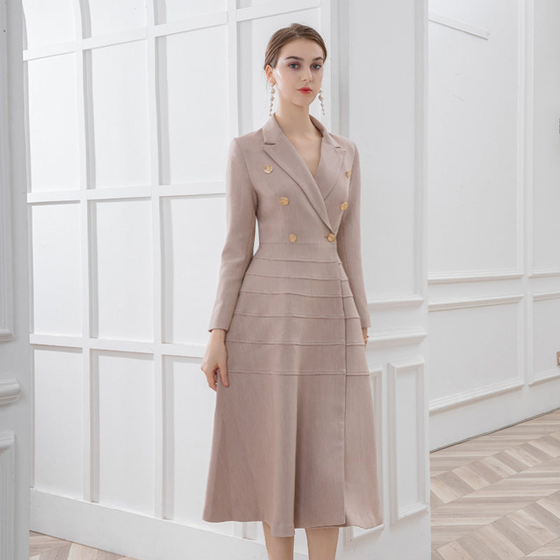 Women's Black Long Sleeve Rhinestone Buttons Split Waist Fitted Slimming Large Hem Dress