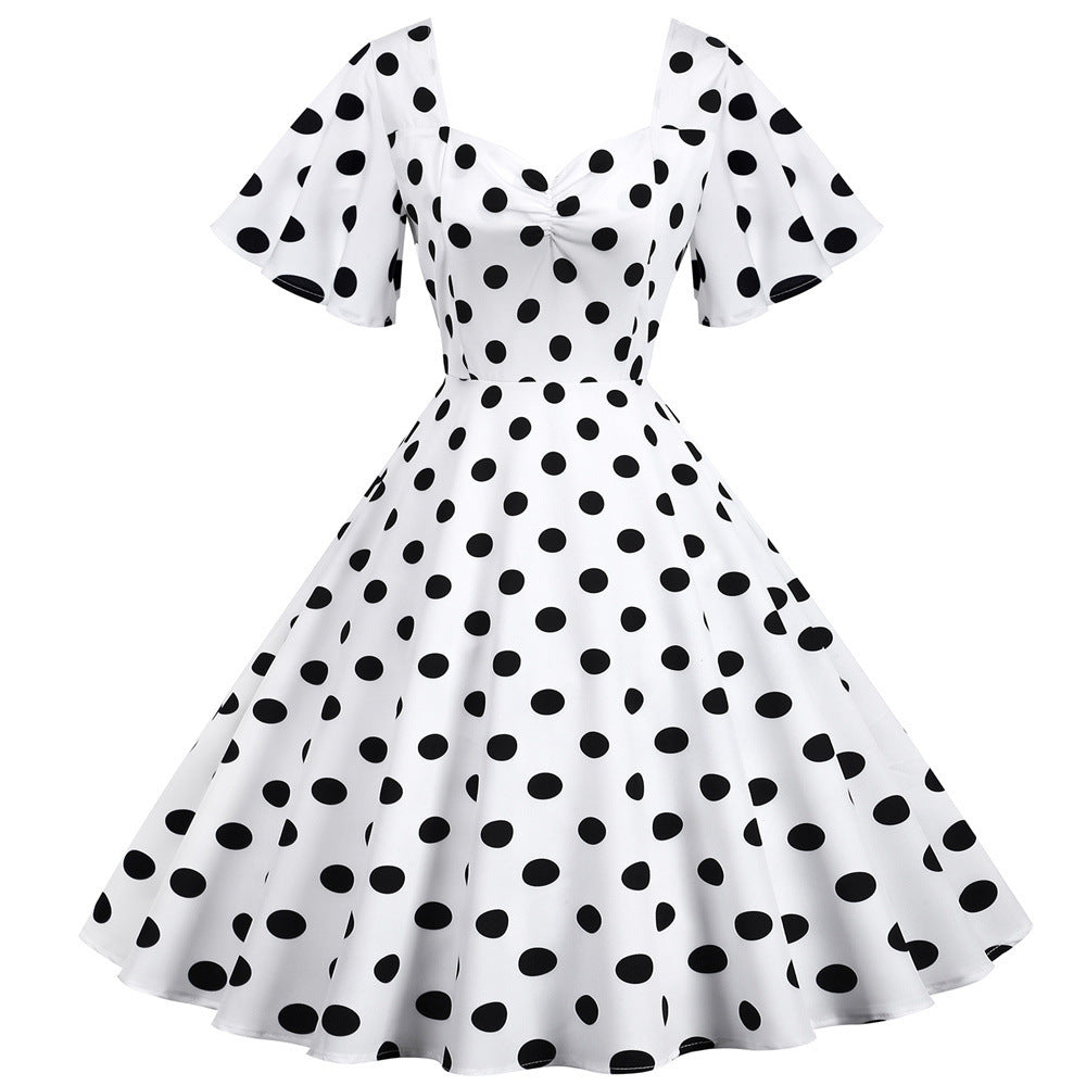 Casual Short-sleeved Slim-fit Polka Dot Print Large Swing Dress