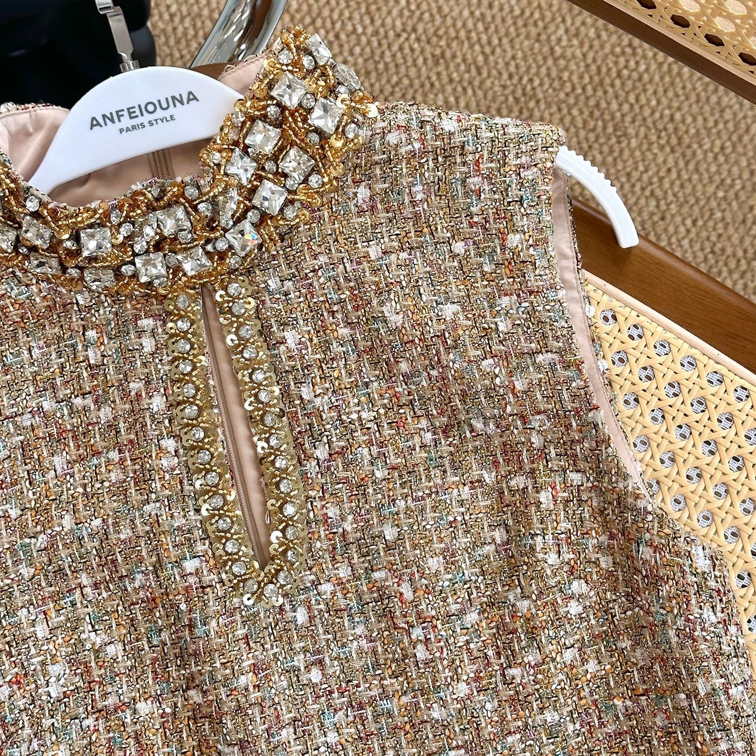 Classic Style Tweed Heavy Industry Rhinestone Lace Sleeveless Vest Dress