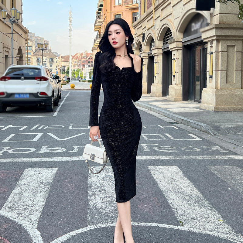 Long Sleeve Velvet Dress Waist Slimming Square Collar Black Skirt