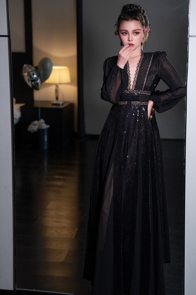 V-neck Long Sleeve Big Hem Dress