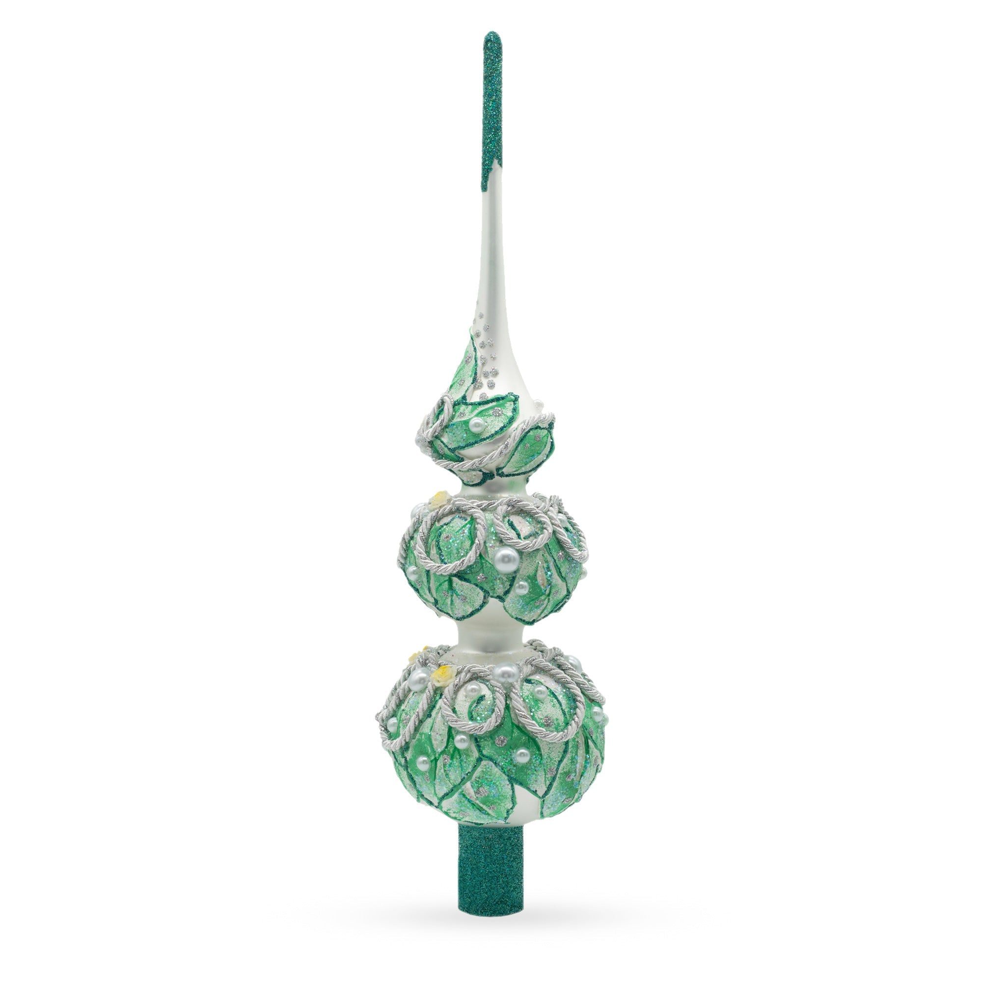Dimensional Rope and Leaves on White Glass Christmas Tree Topper 12.5 Inches