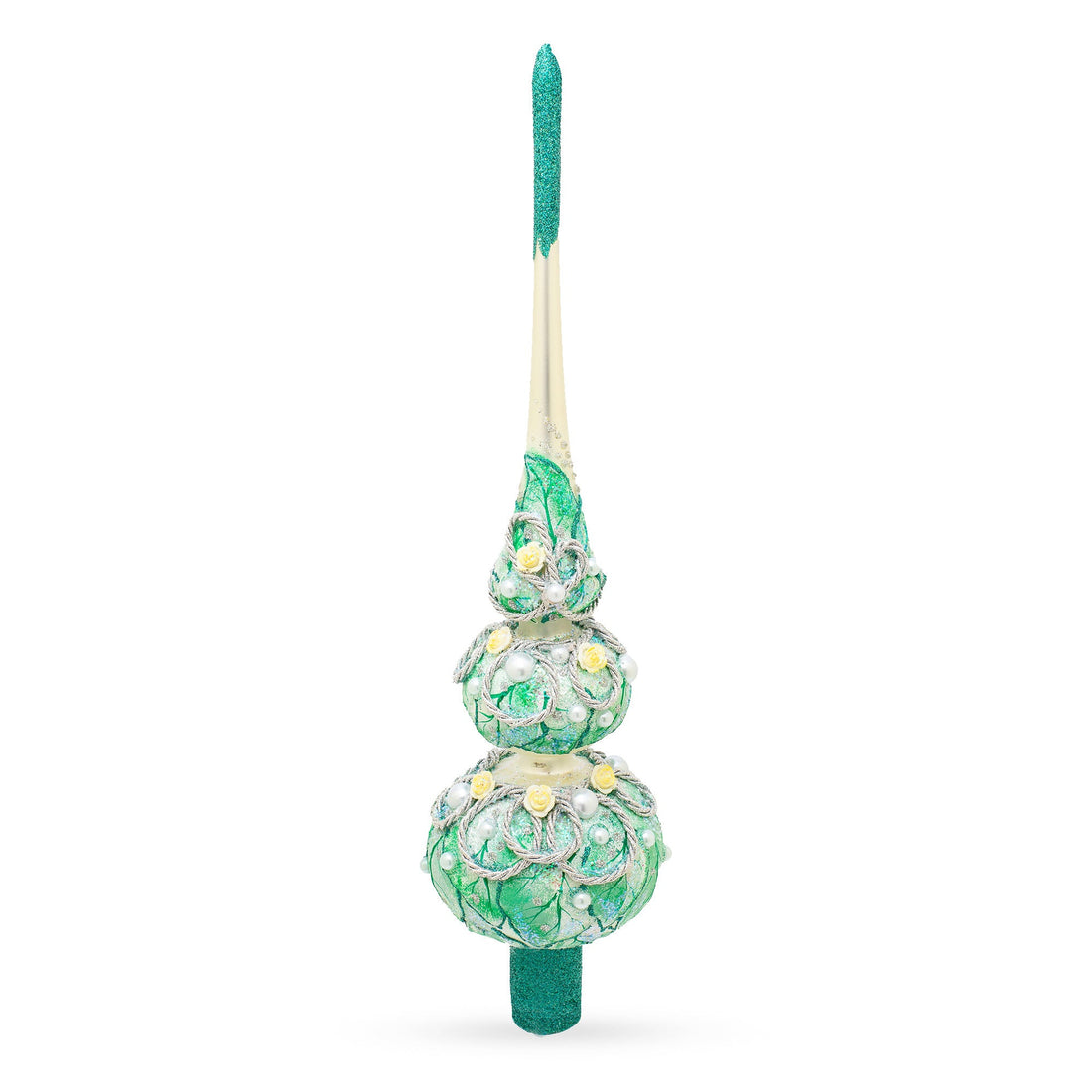 Dimensional Rope and Leaves on White Glass Christmas Tree Topper 12.5 Inches