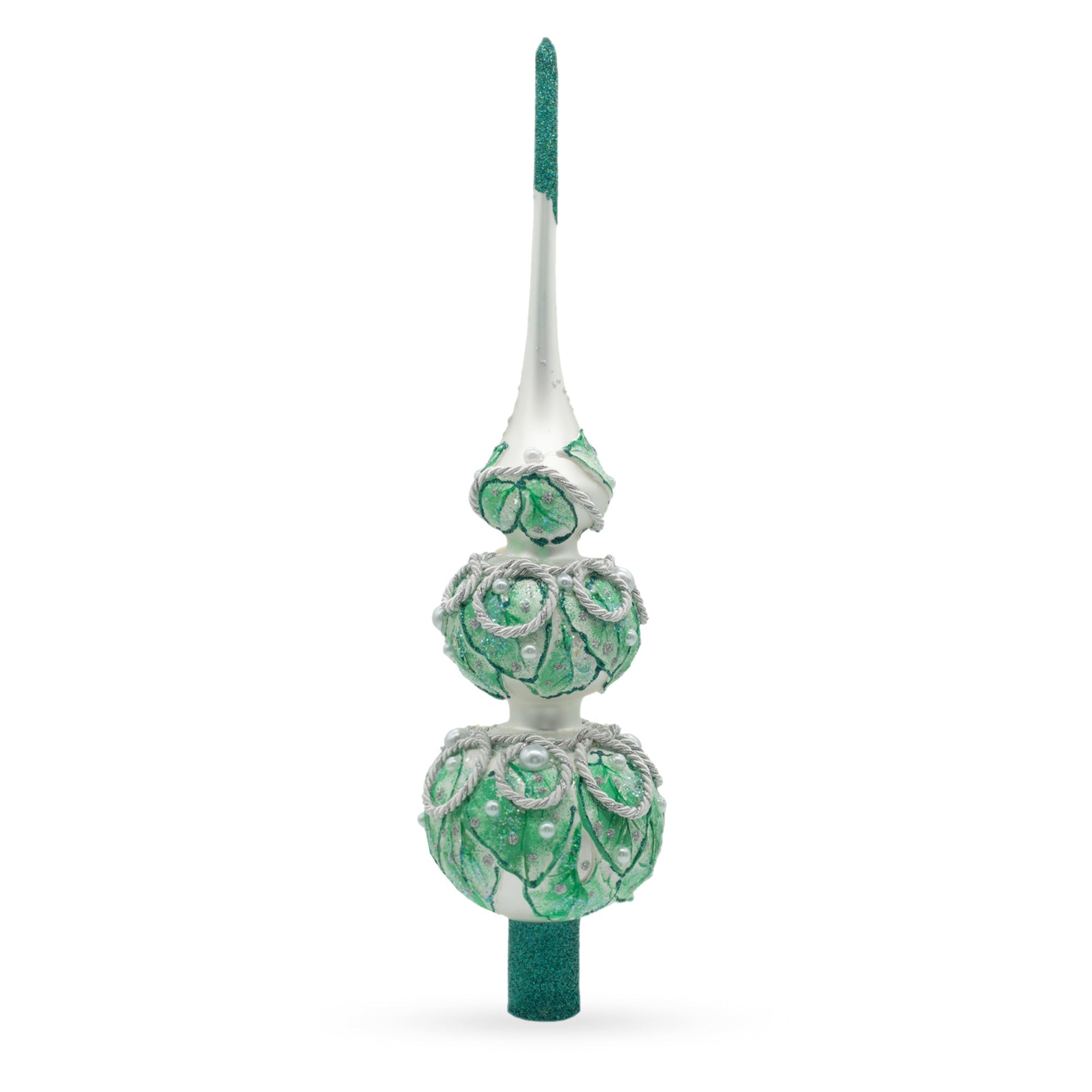 Dimensional Rope and Leaves on White Glass Christmas Tree Topper 12.5 Inches