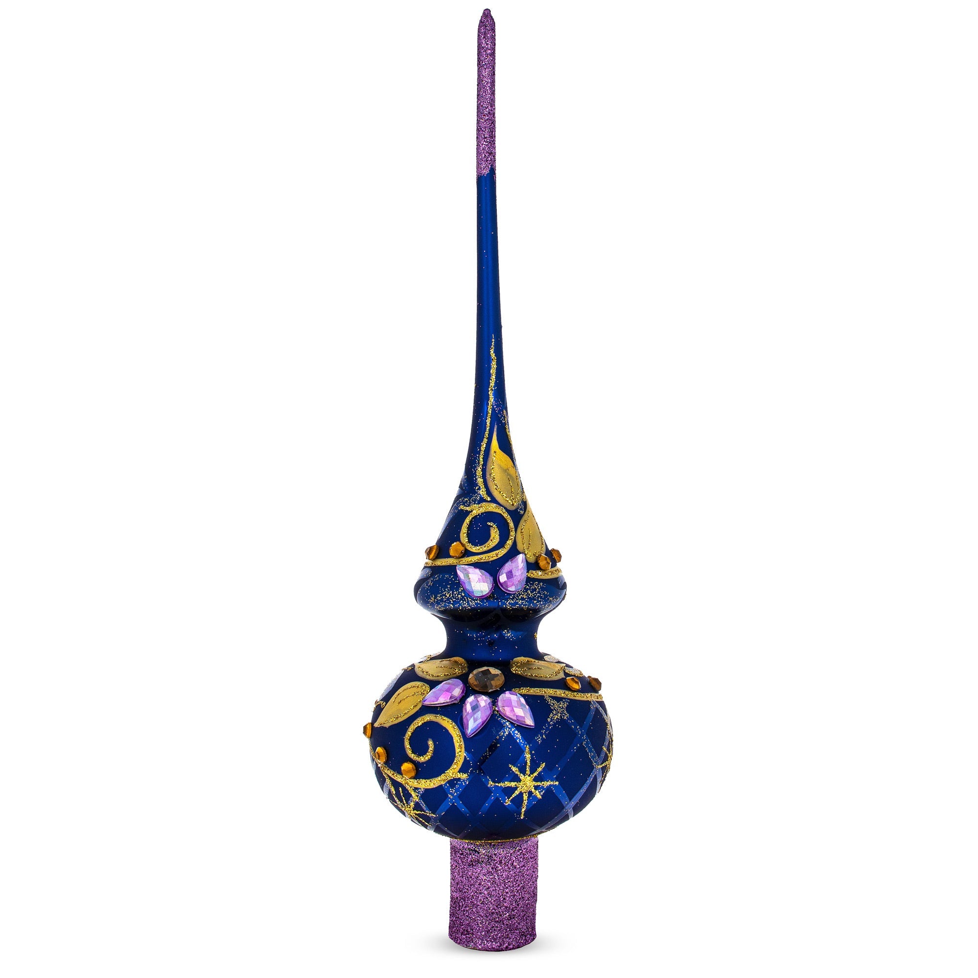 Purple Jewels and Golden Leaves on Blue Glass Christmas Tree Topper 11 Inches