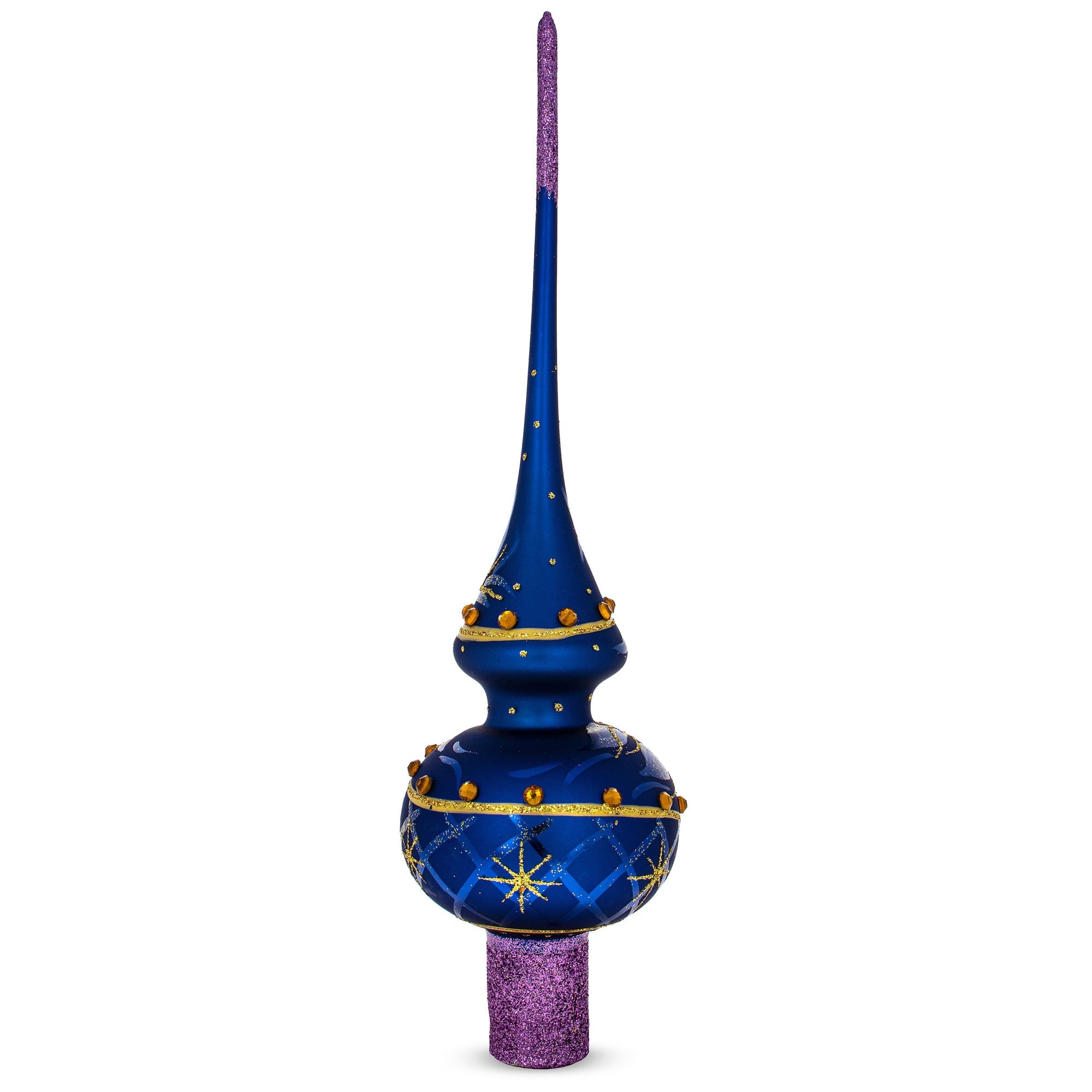 Purple Jewels and Golden Leaves on Blue Glass Christmas Tree Topper 11 Inches