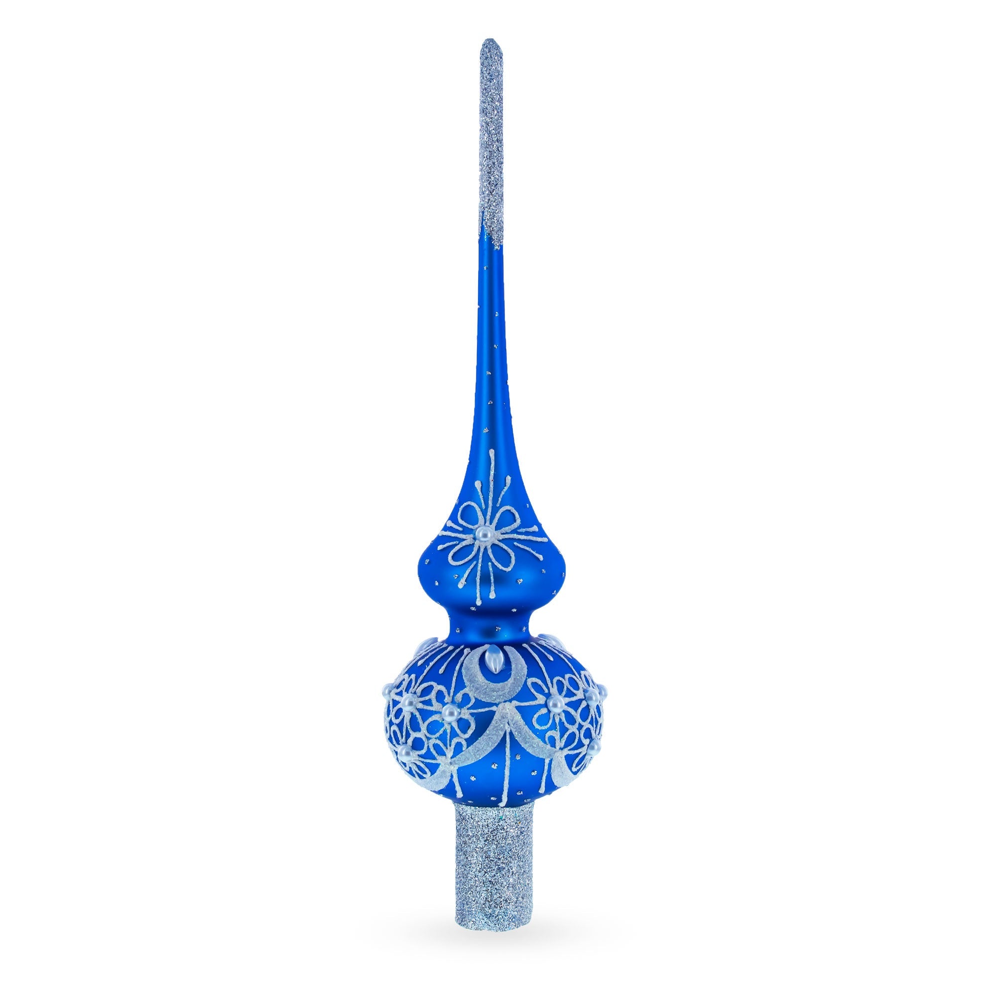 Dimensional White Pearls on Blue Glass Christmas Tree Topper 11 Inches