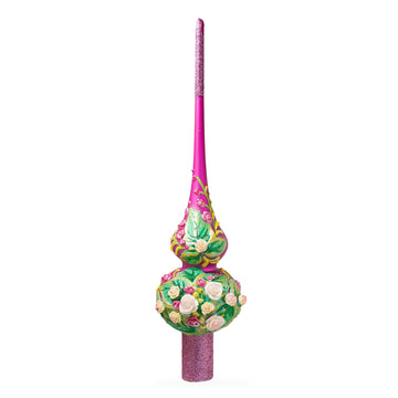 Dimensional Pink Roses on PurpleGlass Christmas Tree Topper 11 Inches