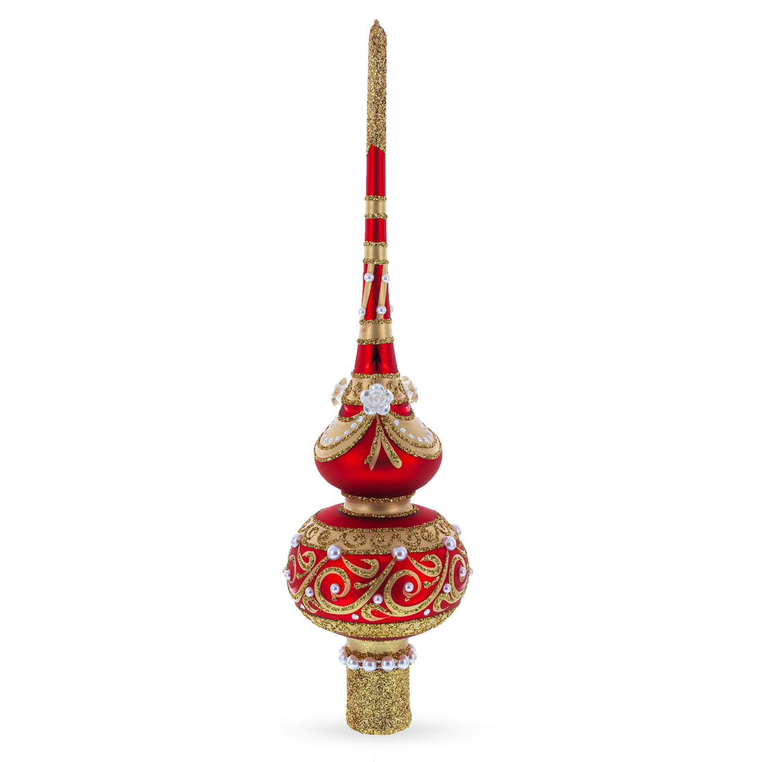 Dimensional Roses and Pearls on Golden ScrollGlass Christmas Tree Topper 11 Inches