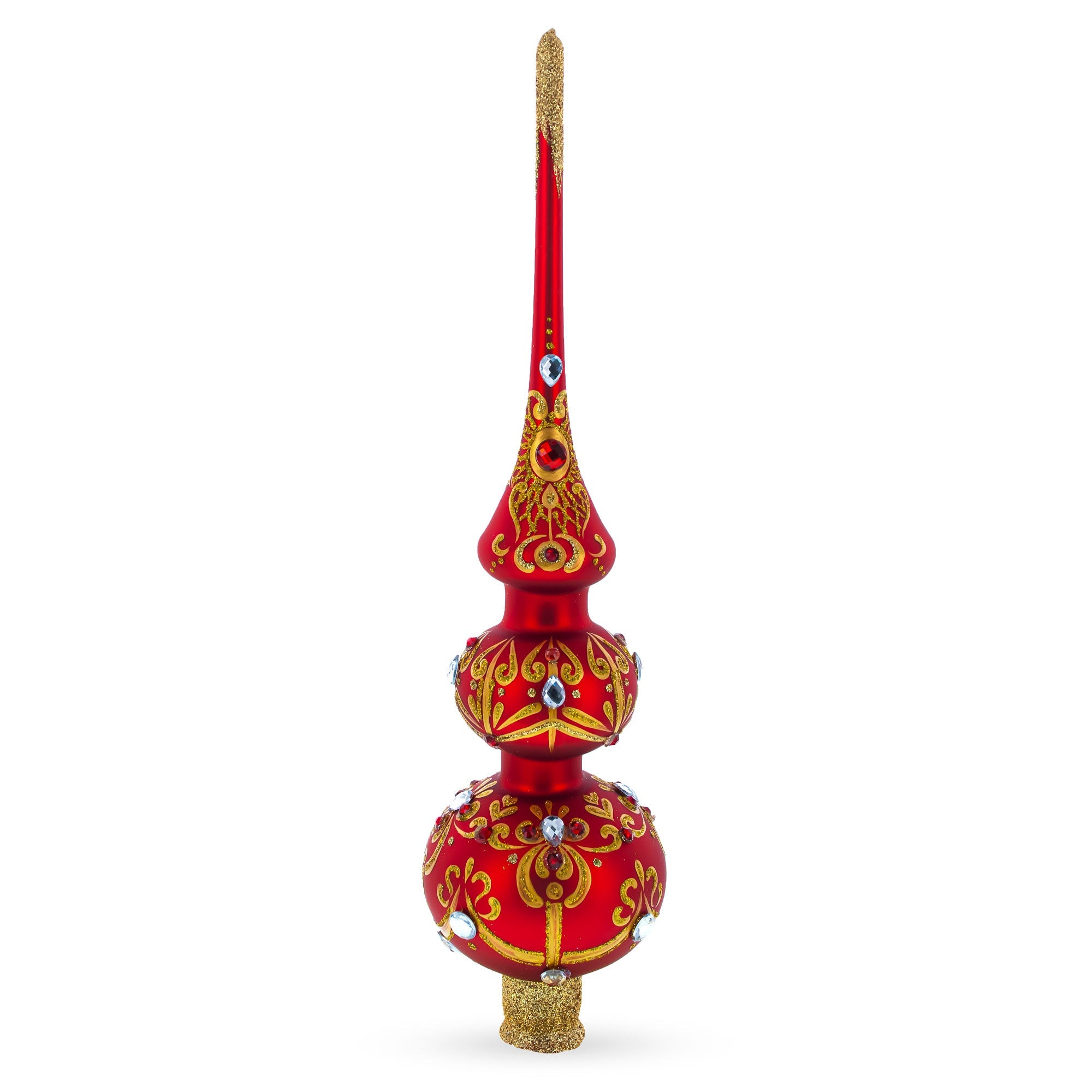 White and Red Jewels with Golden Trellis on Red Glass Christmas Tree Topper 12.5 Inches