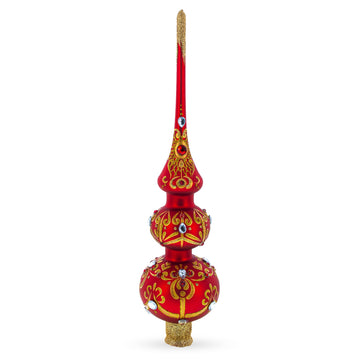 White and Red Jewels with Golden Trellis on Red Glass Christmas Tree Topper 12.5 Inches