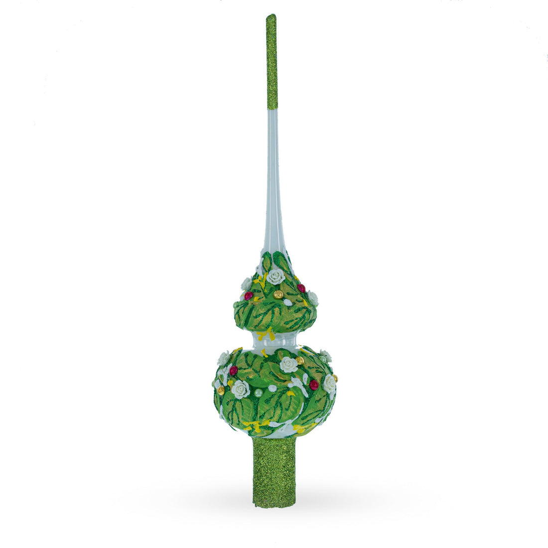 Dimensional White Roses on Green Leaves Glass Christmas Tree Topper 11 Inches