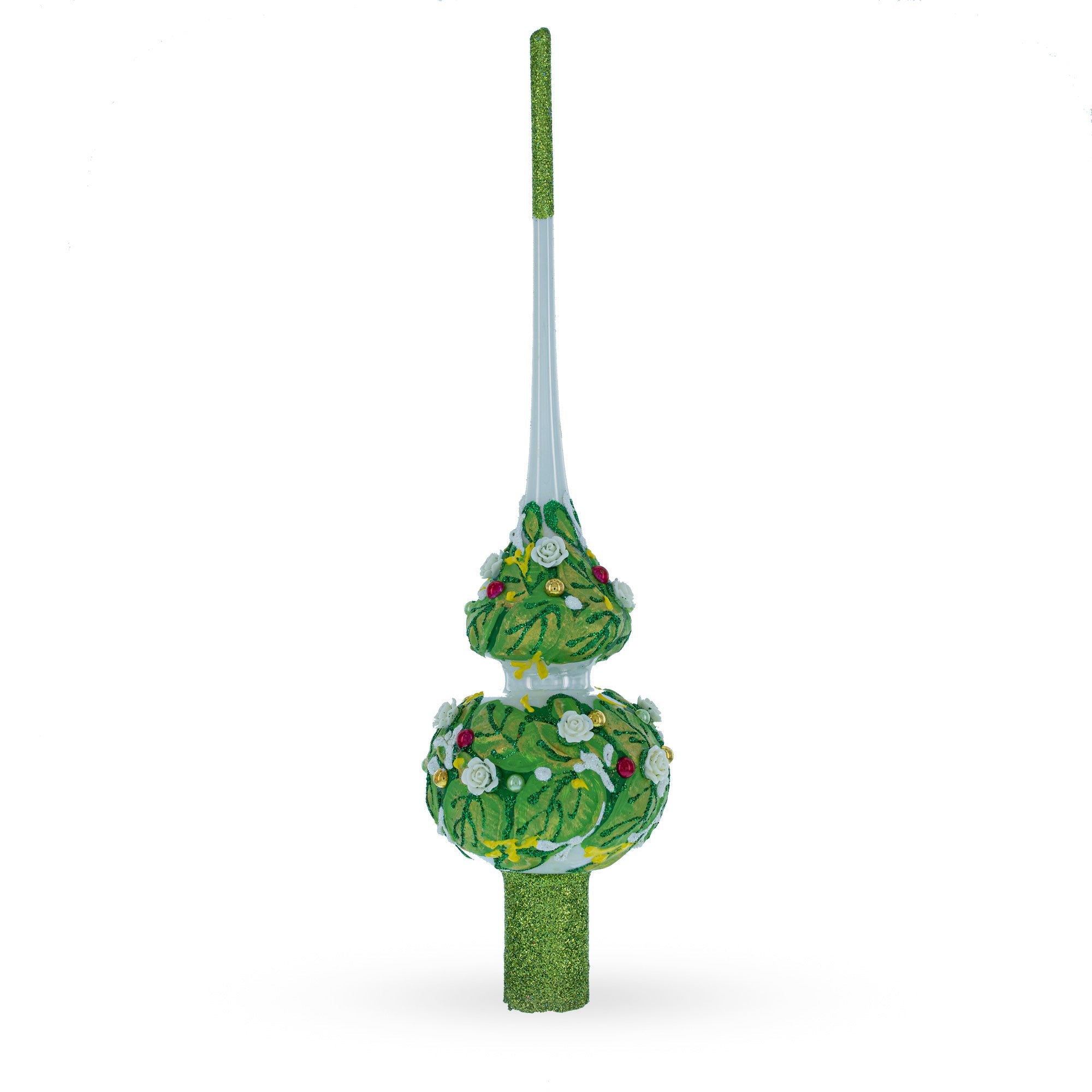 Dimensional White Roses on Green Leaves Glass Christmas Tree Topper 11 Inches