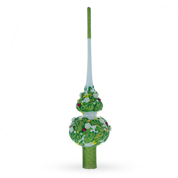 Dimensional White Roses on Green Leaves Glass Christmas Tree Topper 11 Inches