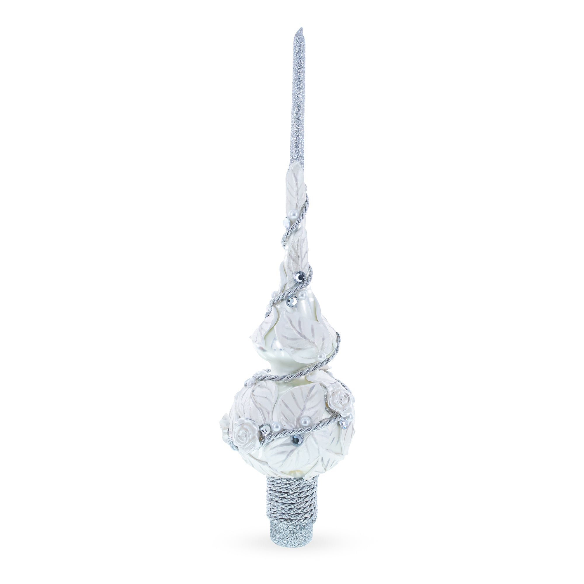 White Roses with Leaves on White Glass Christmas Tree Topper 11 Inches