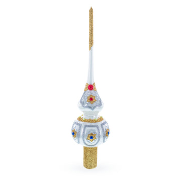 Dimensional Blue and Red Jewels on Silver Glass Christmas Tree Topper 11 Inches