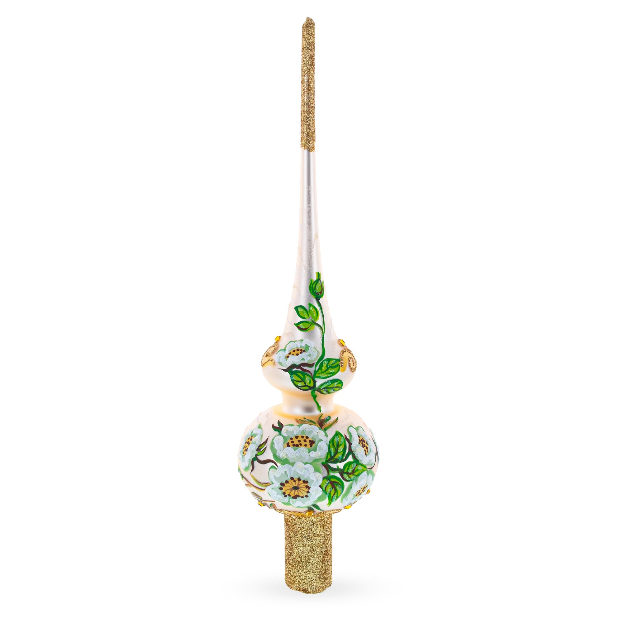 White Flowers Bouquet on Beige Glass Christmas Tree Topper 11 Inches