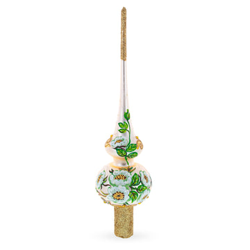 White Flowers Bouquet on Beige Glass Christmas Tree Topper 11 Inches