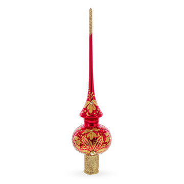 Golden Flowers Bouquet on Glossy Red Glass Christmas Tree Topper 11 Inches
