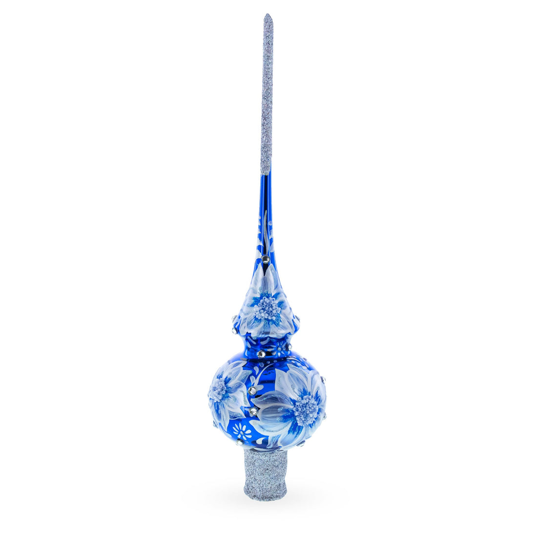 Elegant Cobalt Bloom with Glittering Accents Glass Christmas Tree Topper