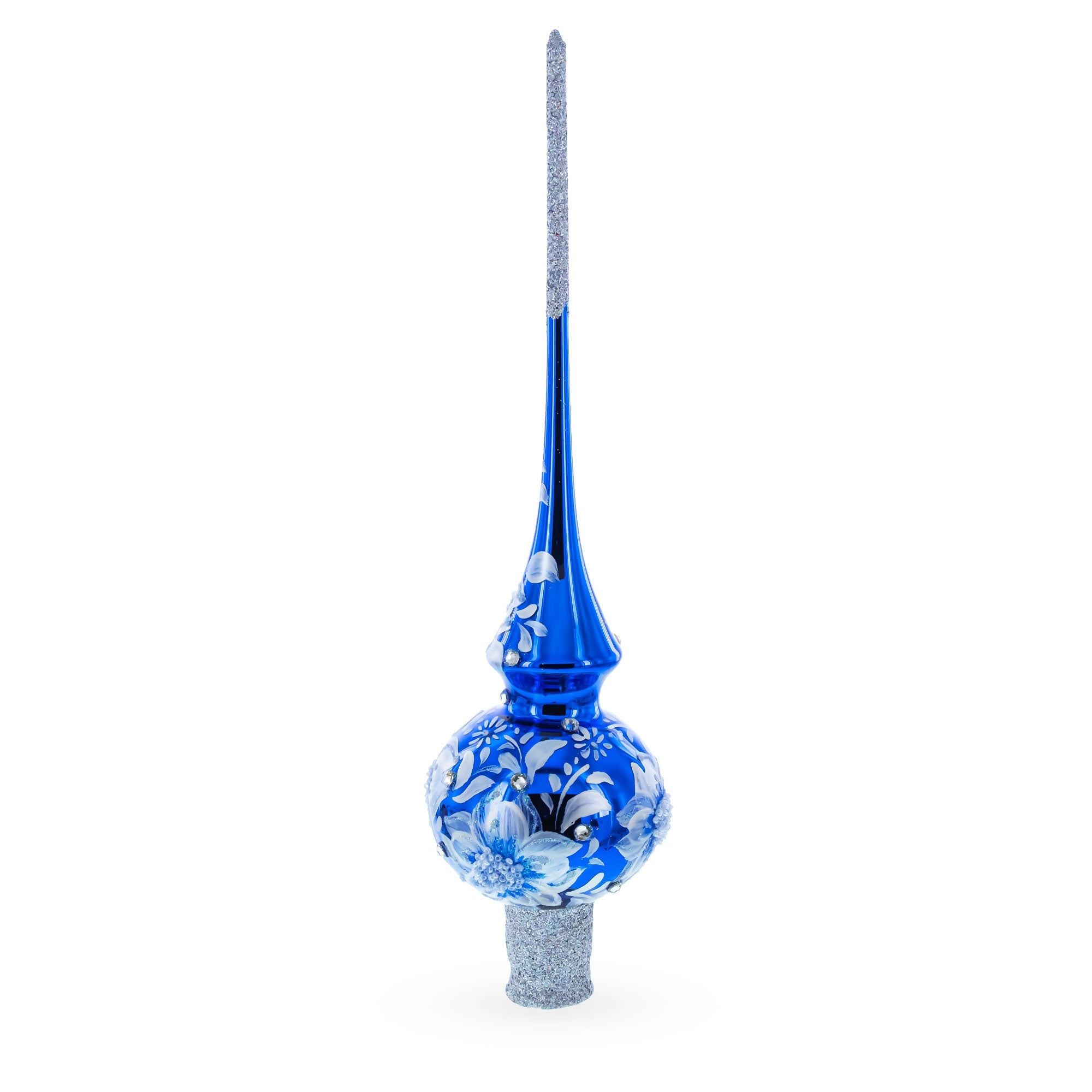 Elegant Cobalt Bloom with Glittering Accents Glass Christmas Tree Topper