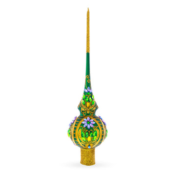Enchanted Emerald Jeweled Green Glass Christmas Tree Topper 11 Inches