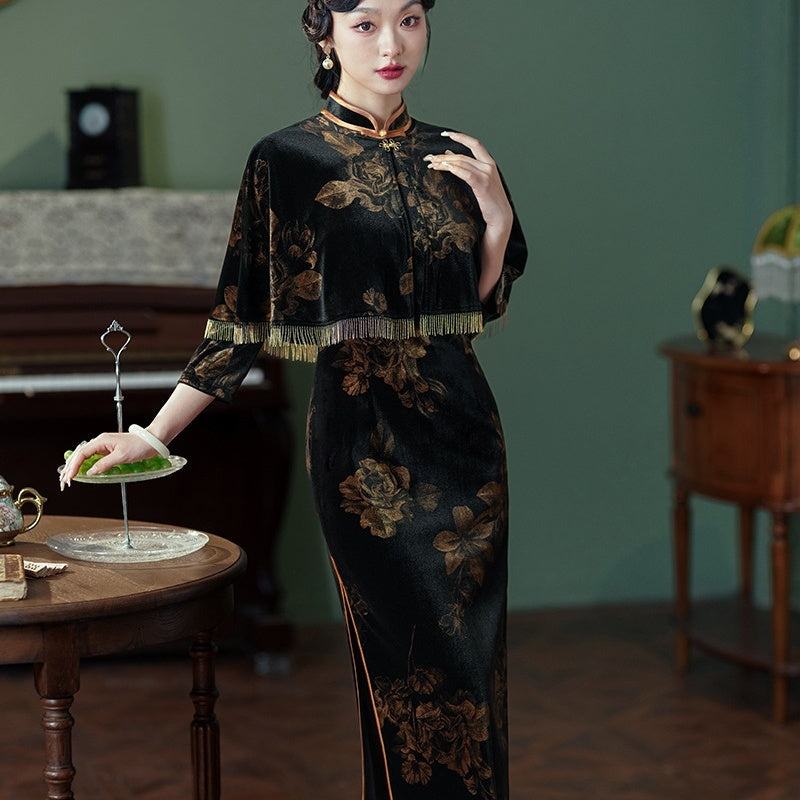 Autumn And Winter New Velvet Cheongsam Retro The Republic Of China Style Two-piece Set