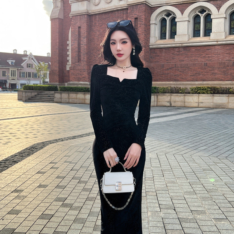 Long Sleeve Velvet Dress Waist Slimming Square Collar Black Skirt