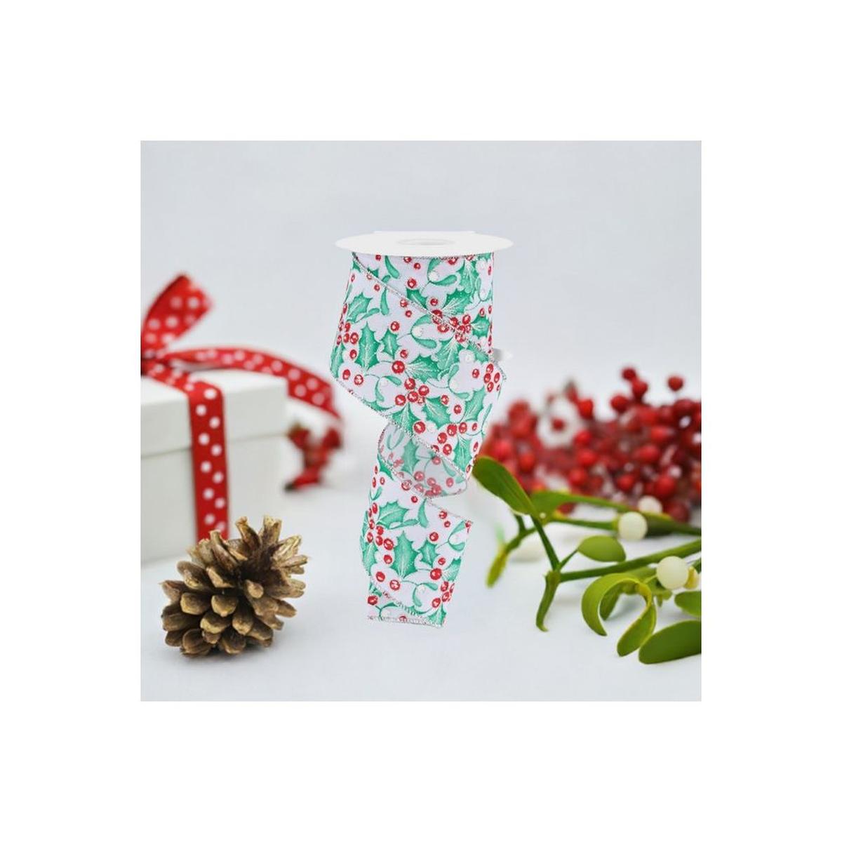 2.5" Holly Berry Mistletoe Ribbon: White/Mint (10 Yards)