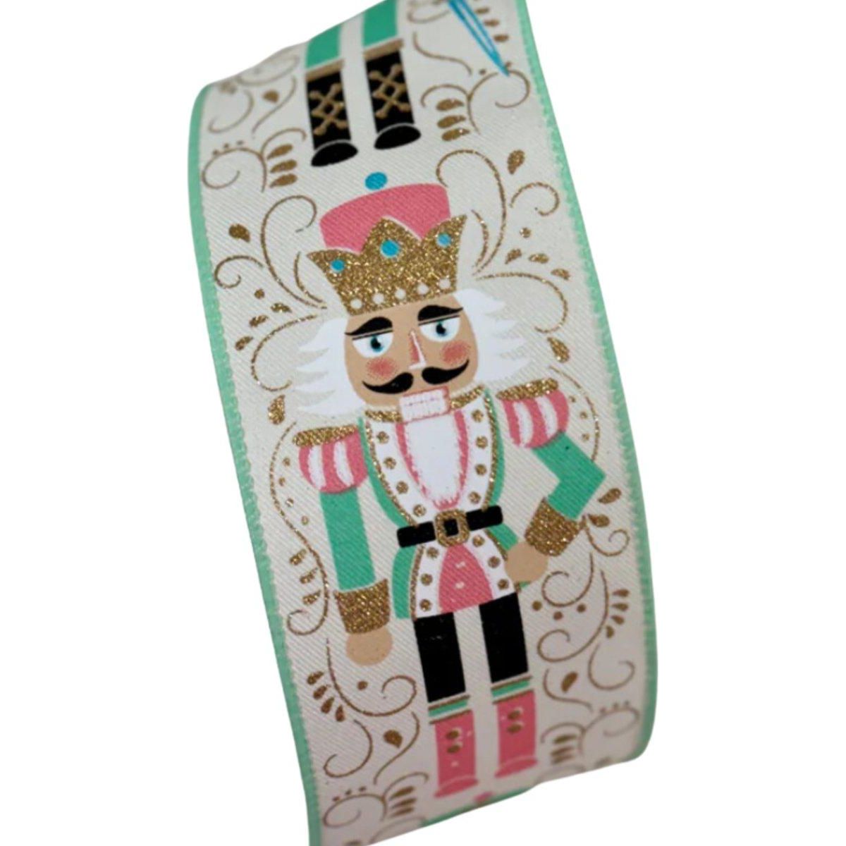 2.5" Nutcracker Ribbon: Ivory/Mint Green (10 Yards)
