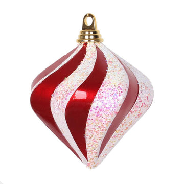 6'' Red and White Candy Glitter Swirl Diamond Ornament