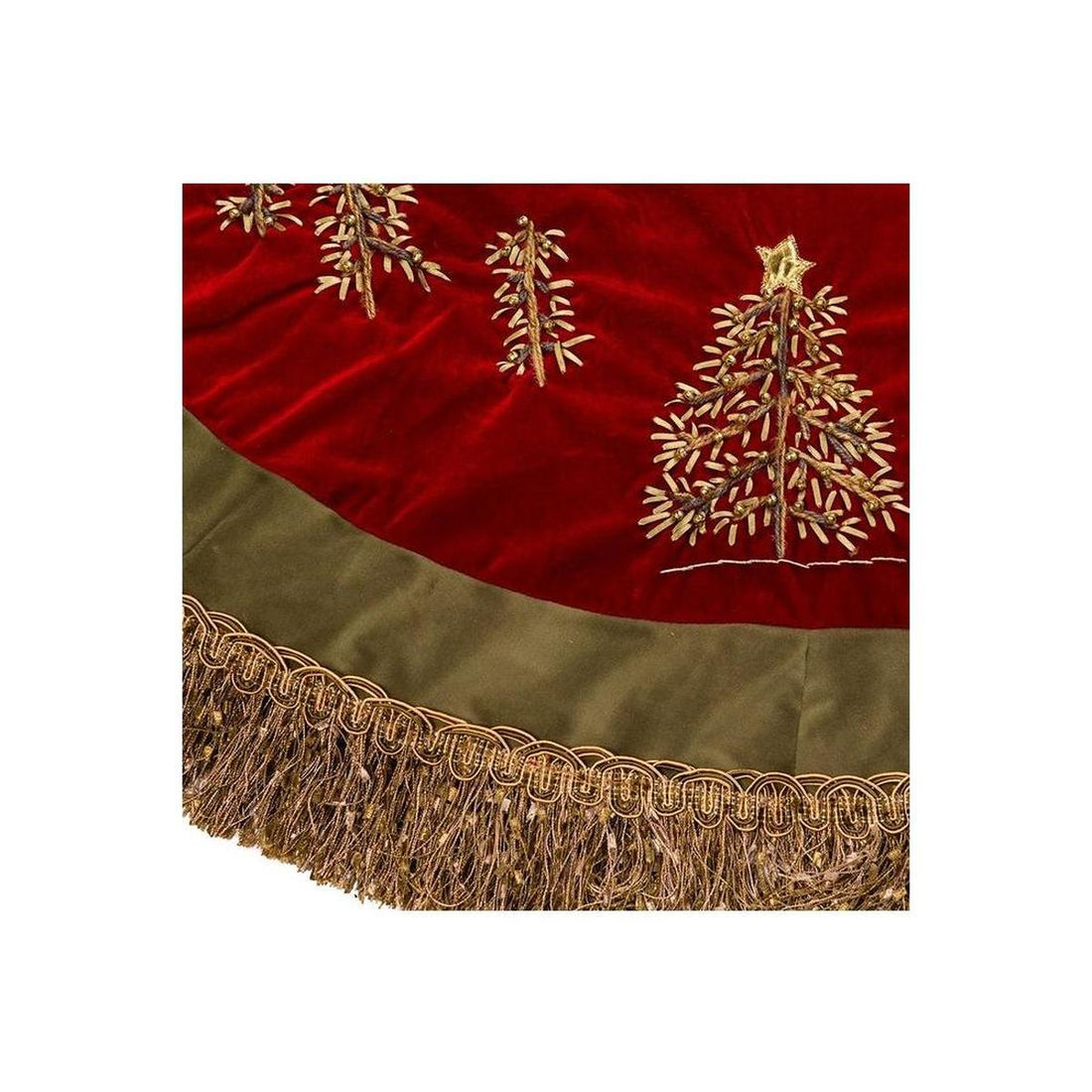 Burgundy Velvet Ribbon Tree Skirt With Green Tassel Border