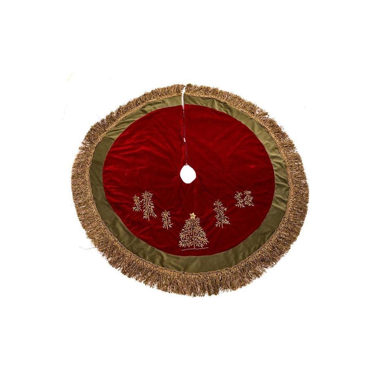 Burgundy Velvet Ribbon Tree Skirt With Green Tassel Border