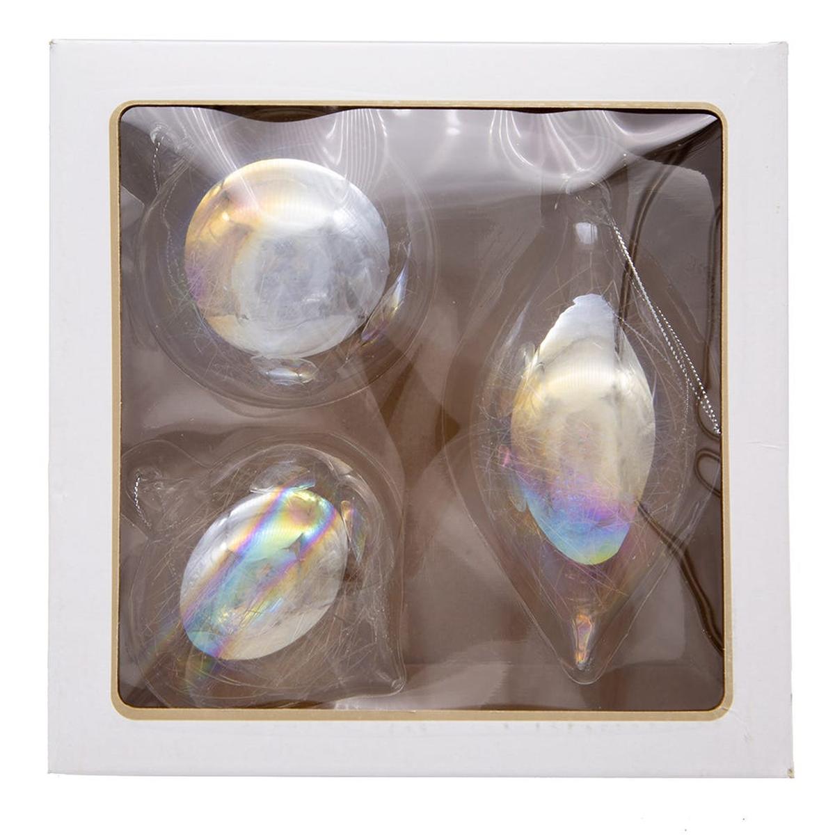 Kurt Adler 80MM Clear Iridescent Ball, Onion and Teardrop Ornaments, 3 Piece Set