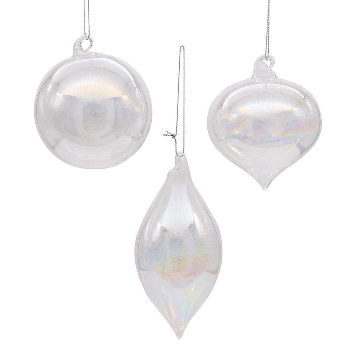 Kurt Adler 80MM Clear Iridescent Ball, Onion and Teardrop Ornaments, 3 Piece Set