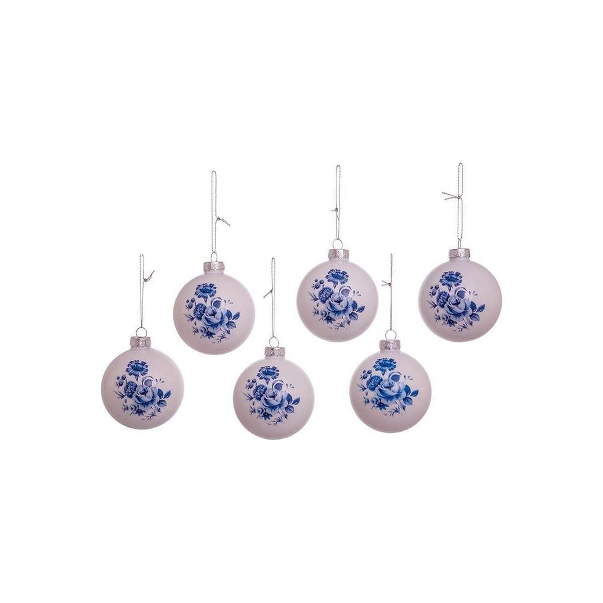Kurt Adler 80MM Delft Blue Shiny Glass Ball Ornaments, 6-Piece Set