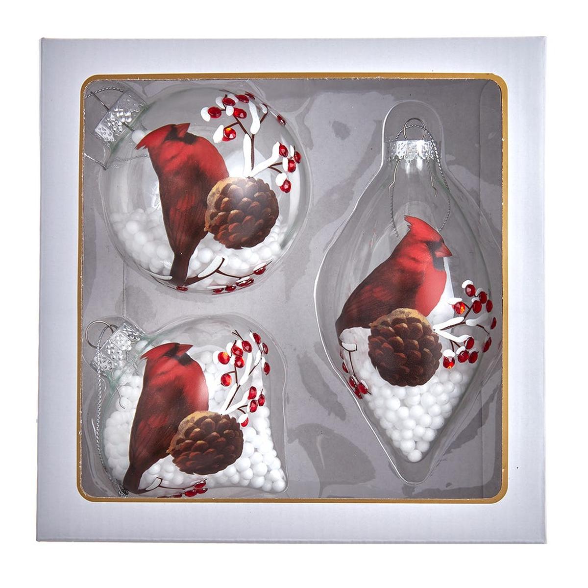 Kurt Adler 80MM Glass Cardinal Ornaments, 3-Piece Set