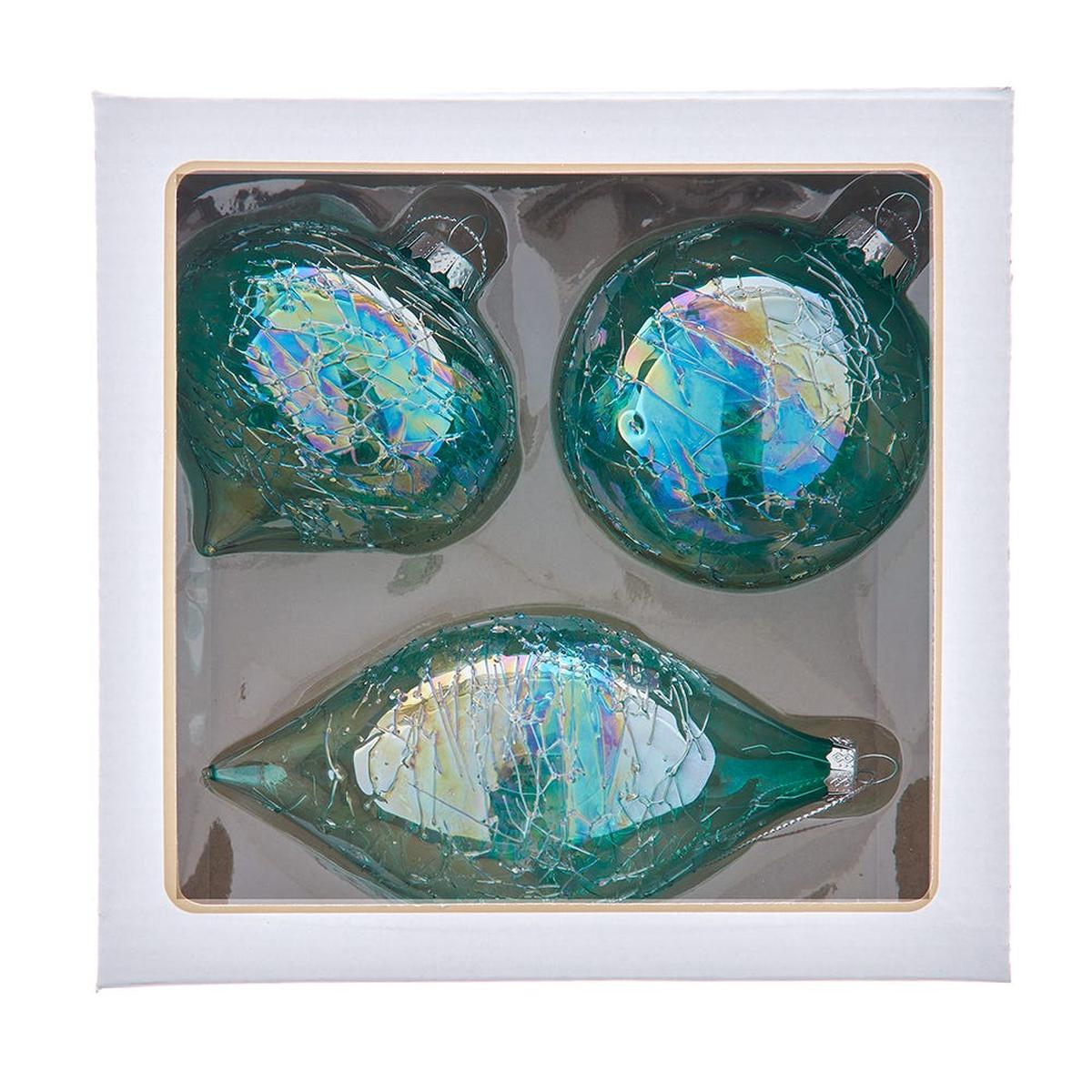 Kurt Adler 80MM Glass Iridescent Green Onion, Ball and Finial, (Set of 3)