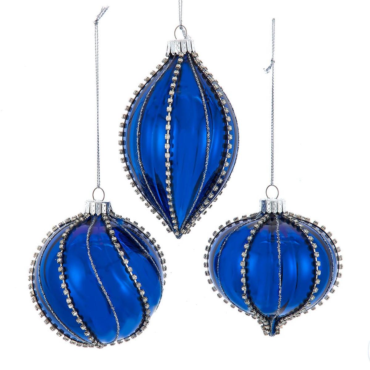 Kurt Adler 80MM Glass Shiny Blue Gemmed Ornaments, (Set of 3)