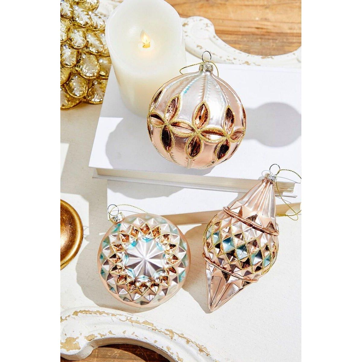 Reflector Pattern Champagne and Gold Glass Ornaments
