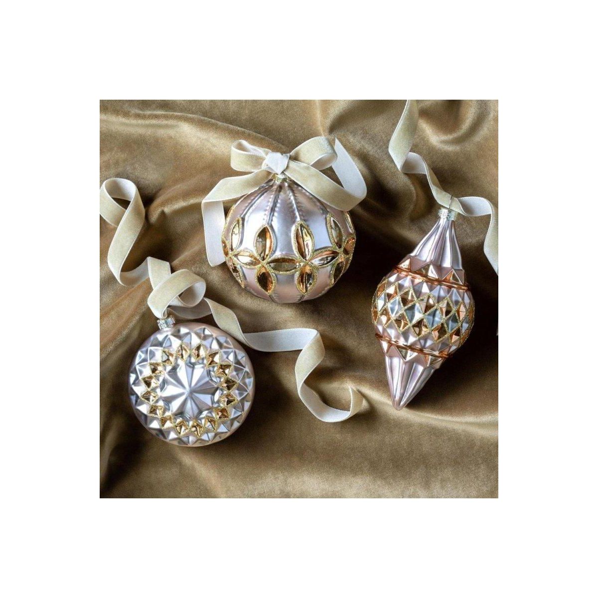 Reflector Pattern Champagne and Gold Glass Ornaments