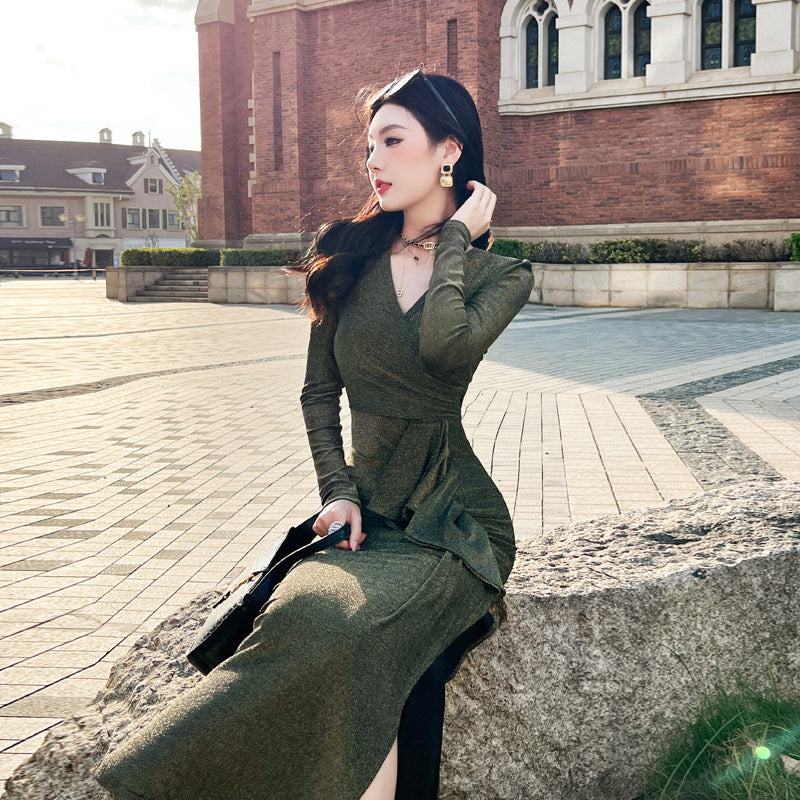 V-neck Hip Long Dress Slimming Long Sleeves Dress