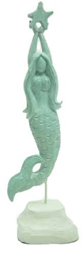 24"H Teal Wood Mermaid Holding Star with Wood Base