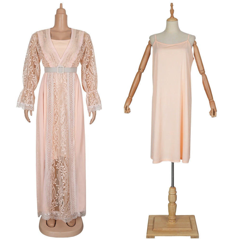 Embroidered Lace Hollow-out Long Sleeve Elegant Dress Suspender Skirt Two-piece Set