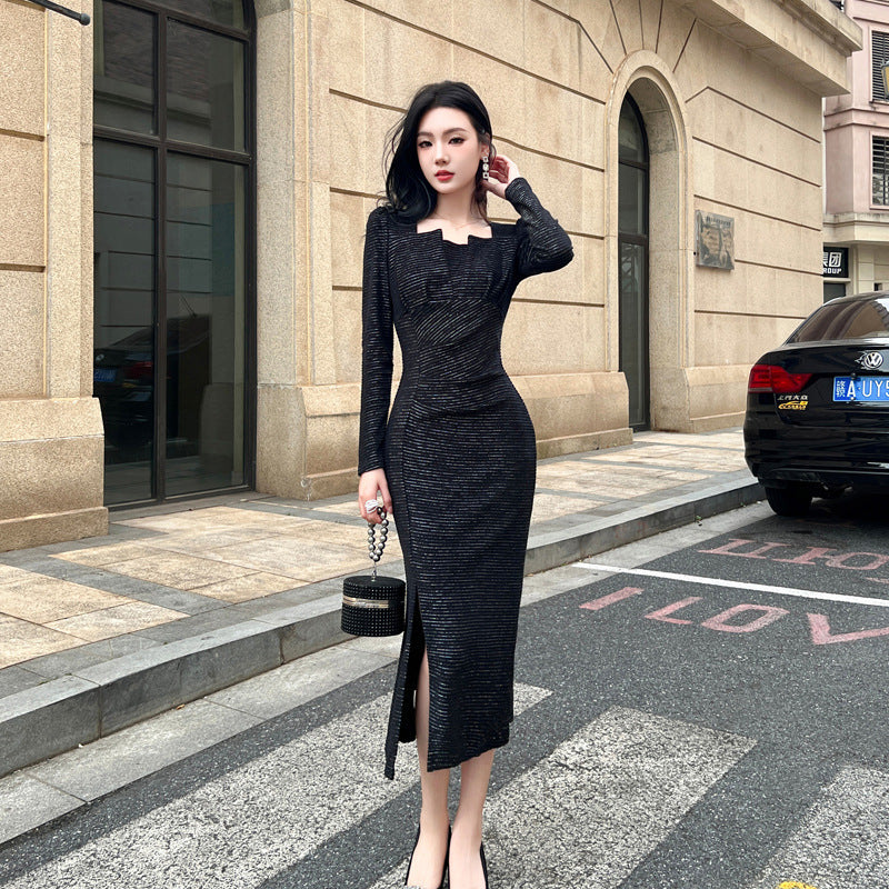 Velvet Dress Slimming Square Collar Long Sleeve Women's Skirt