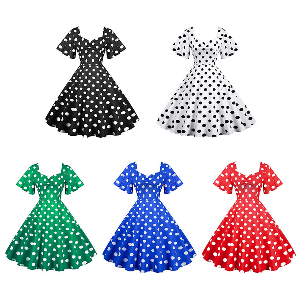 Casual Short-sleeved Slim-fit Polka Dot Print Large Swing Dress