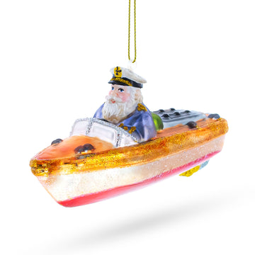 Captain Santa on a Boat Glass Christmas Ornament