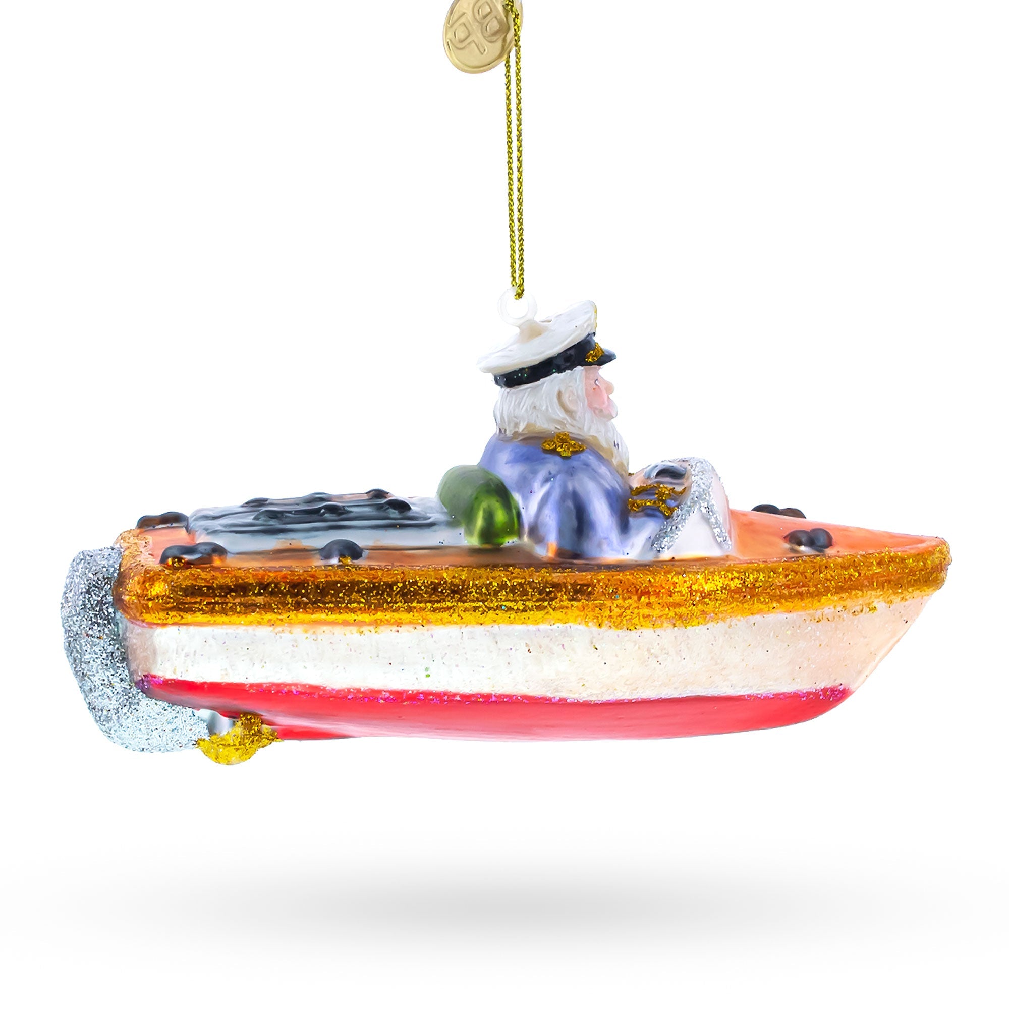 Captain Santa on a Boat Glass Christmas Ornament