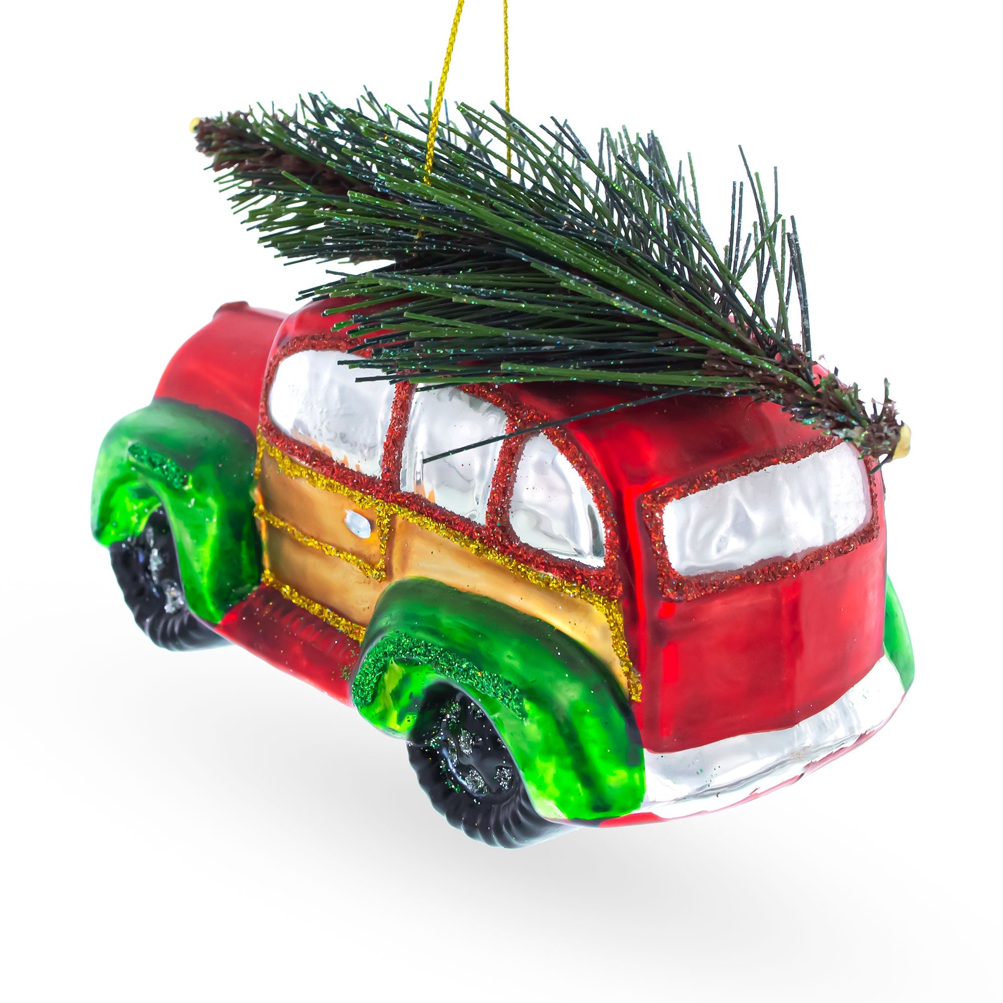 Car Carrying Tree Glass Christmas Ornament